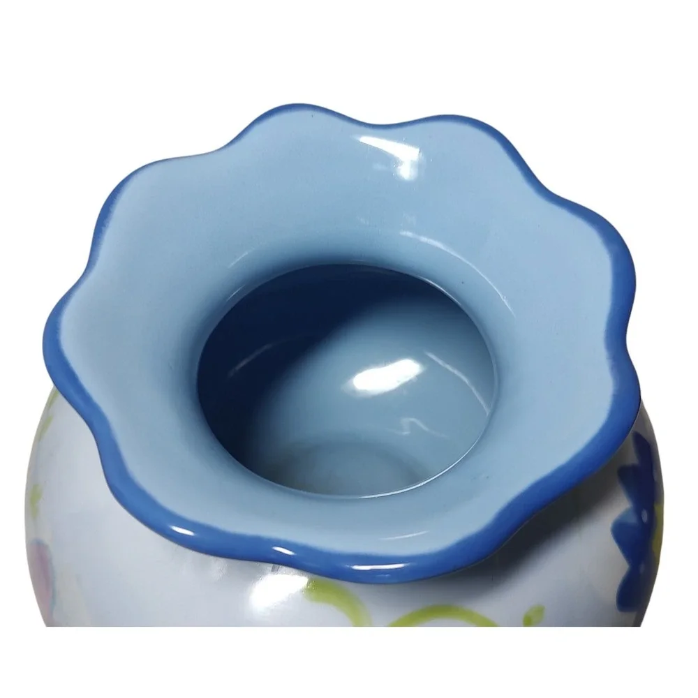 Vintage Kimberly Hodges Hallmark Vase Hand Painted Blue Floral Scalloped‎ Edge
